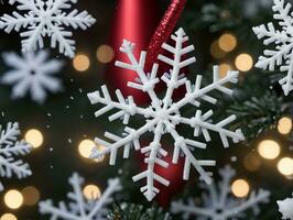 un' fiocco di neve ornamento su un' Natale albero. ai generato foto