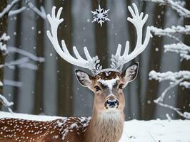 un' cervo con un' Natale cappello su suo testa. ai generato foto