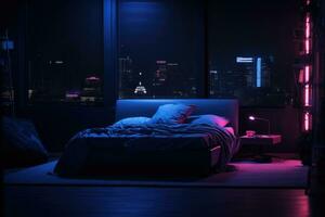 il interno di un' Camera da letto con un' letto e grande finestre a notte con blu e rosa neon illuminazione.. ai generato foto