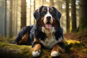 il bernese montagna cane bugie nel il foresta. ai generato foto