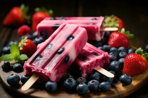 frutta ghiaccio crema su un' bastone con mirtilli, fragole, mirtilli e menta le foglie. ai generato foto