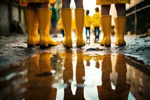 bambini camminare attraverso pozzanghere nel giallo gomma da cancellare stivali nel autunno. figli di piedi nel piovoso tempo atmosferico. ai generato foto