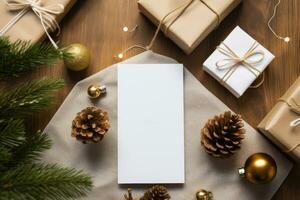 un' modello di un' bianca etichetta carta con un' regalo scatola e un' ghirlanda con Natale albero giocattoli e coni. ai generato foto