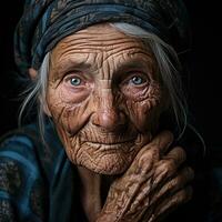 un vecchio donna con in profondità rughe. ai-generato foto