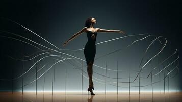 un' donna con grazia danza nel un' nero vestito ai generato foto