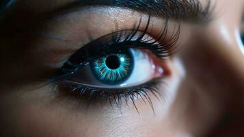 un' ipnotizzante avvicinamento di un' donna di travolgente blu occhio ai generato foto