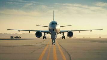 un' commerciale jet di linea parcheggiata su un' pista di decollo a un aeroporto ai generato foto