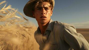 un' giovane uomo nel un' cappello in piedi nel un' Grano campo ai generato foto