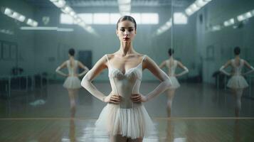 un' grazioso donna nel un' bianca vestito in piedi nel un' danza studio ai generato foto