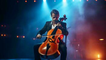 un' uomo nel un' completo da uomo giocando il violoncello su palcoscenico ai generato foto