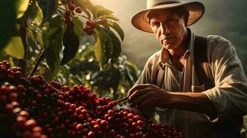 un' uomo raccolta frutti di bosco a partire dal un' albero indossare un' cappello ai generato foto