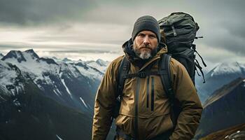 un' uomo in piedi trionfalmente su un' montagna picco con un' zaino ai generato foto