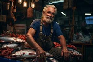 un' uomo seduta su superiore di un' mucchio di pesce ai generato foto