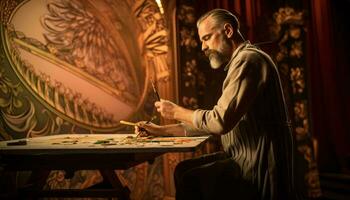 un' uomo pittura a un' tavolo con un' pennello e tavolozza ai generato foto