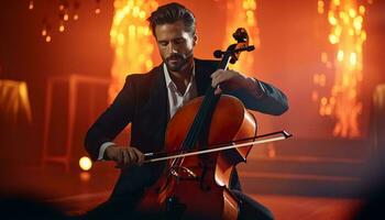 foto di un' uomo nel un' completo da uomo giocando il violoncello con passione e precisione ai generato