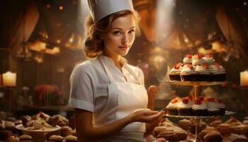 foto di un' donna capocuoco con orgoglio visualizzazione sua fatti in casa cupcakes ai generato