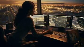 foto di un' donna Lavorando con multiplo computer monitor ai generato