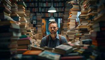 foto di un' uomo circondato di un' biblioteca pieno di libri ai generato