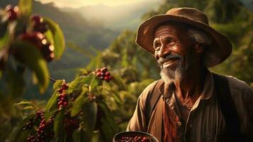 foto di un' uomo circondato di lussureggiante caffè fagiolo impianti nel un' campo ai generato