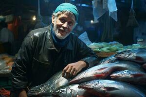 un' uomo con un' fresco catturare di pesce ai generato foto