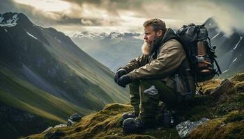 un' barbuto uomo godendo il Visualizza a partire dal il vertice di un' maestoso montagna ai generato foto