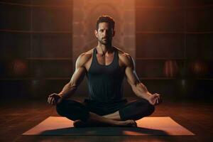 un' uomo praticante yoga nel un' nero serbatoio superiore ai generato foto