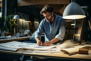 un' uomo Lavorando a un' scrivania con un' pezzo di carta ai generato foto