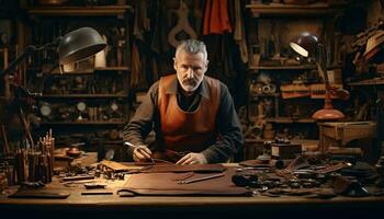 un' artigiano Lavorando su un' di legno pezzo nel un' Vintage ▾ laboratorio ai generato foto