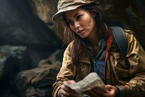 un' donna nel un' cappello Tenere un' roccia ai generato foto