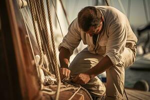 un' uomo fissaggio un' corda su un' barca a vela ai generato foto