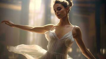 un' grazioso donna danza nel un' fluente bianca vestito ai generato foto
