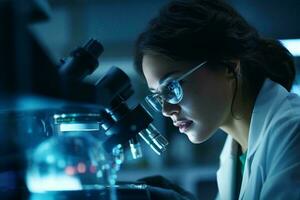 un' femmina scienziato conduzione ricerca con un' microscopio ai generato foto
