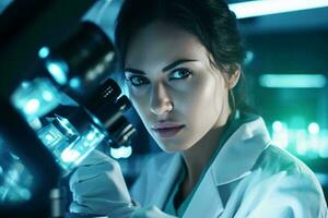 un' donna scienziato l'esame un' campione attraverso un' microscopio nel un' laboratorio ai generato foto