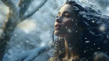 un' donna nel il nevoso paesaggio con sospinto dal vento capelli ai generato foto