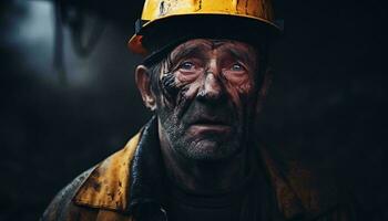 un' uomo nel un' giallo giacca e difficile cappello ai generato foto