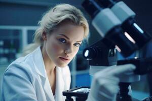 un' donna conduzione scientifico ricerca con un' microscopio ai generato foto