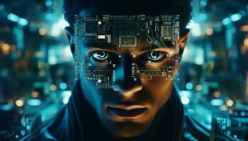 un' uomo con un' futuristico viso e circuito tavola copertura ai generato foto