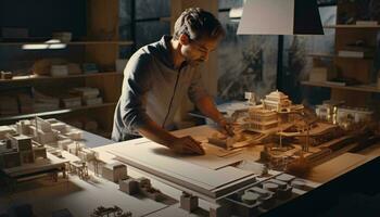 un' uomo meticolosamente costruzione un' dettagliato modello di un' paesaggio urbano ai generato foto