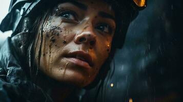 un' donna nel un' casco con gocce di pioggia su sua viso ai generato foto