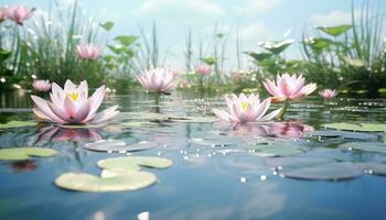 rosa acqua gigli galleggiante pacificamente su un' sereno lago ai generato foto