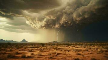 un' drammatico tempesta si avvicina un' panoramico deserto paesaggio ai generato foto