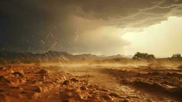 un' deserto strada sotto drammatico cieli ai generato foto