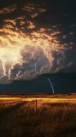 un' drammatico fulmine tempesta illuminante un' campo con un' recinto nel il primo piano ai generato foto