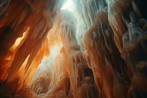 un' ipnotizzante ghiaccio grotta con sbalorditivo ghiaccio formazioni ai generato foto