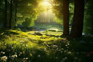 luce del sole streaming attraverso alberi nel un' sereno foresta ai generato foto