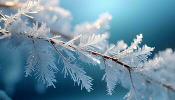 un' congelato ramo coperto nel ghiaccio cristalli ai generato foto