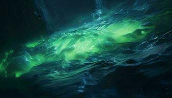 un' misterioso verde sostanza galleggiante su dell'acqua superficie ai generato foto