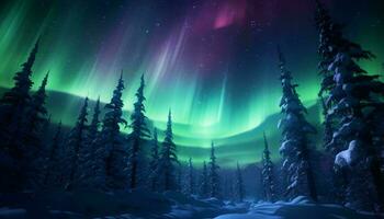 un' vivace verde e viola aurora Borealis illuminazione su il notte cielo ai generato foto