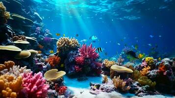 un' vivace subacqueo ecosistema con colorato coralli e tropicale pesce ai generato foto
