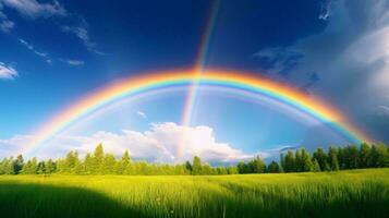 un' vivace arcobaleno allungamento attraverso un' lussureggiante verde campo ai generato foto